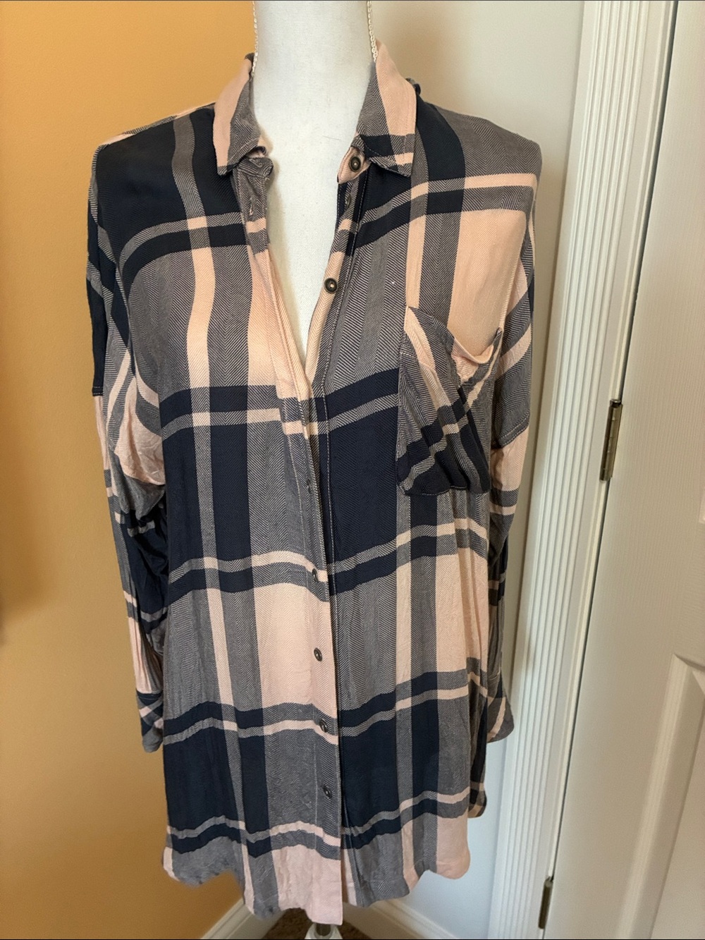 Free People Oversized Plaid Button-Down — Blush and Navy